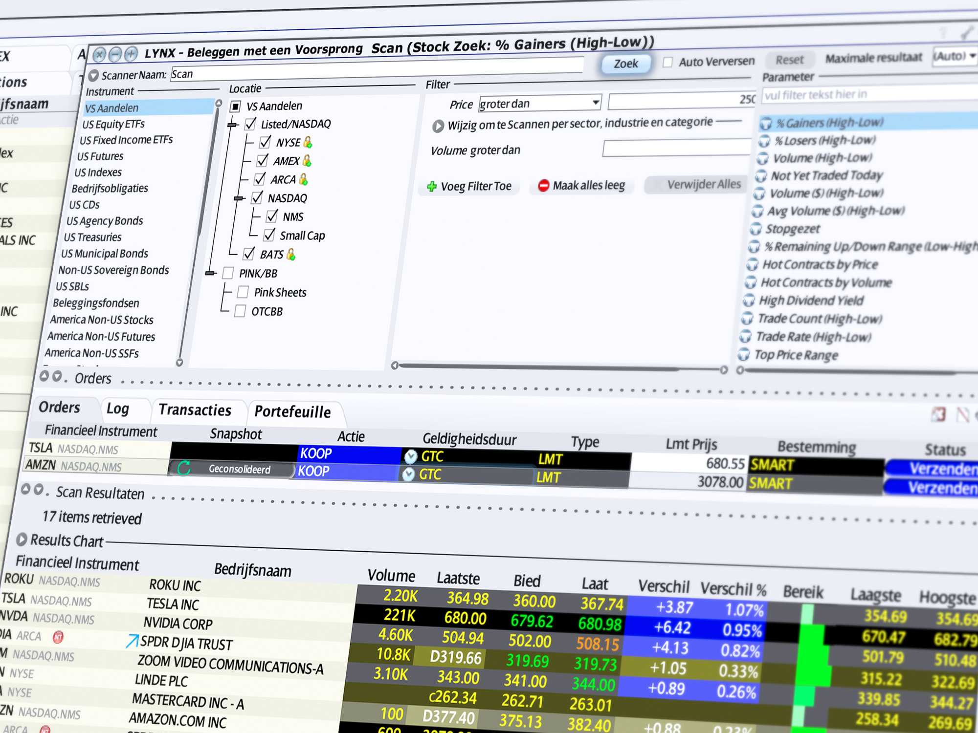 Markt Scanner - effecten handelen via de trading tool