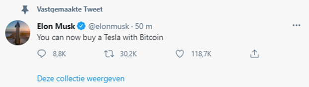 Tesla betaling met Bitcoin | Aandeel Tesla Tesla betaling met Bitcoin (TSLA)